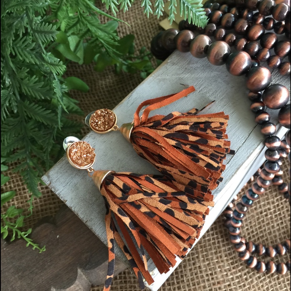 Leopard Print Tassel Stud Earrings with Druzy